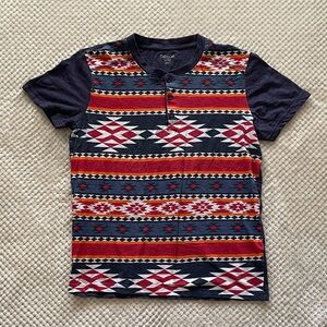 Western Patterned Button Tee - Navy, Red, White, and Orange- Small